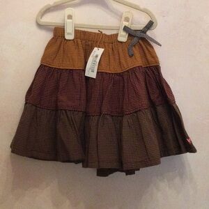 Tiered Patchwork Mini Skirt in Mustard, Maroon & Brown